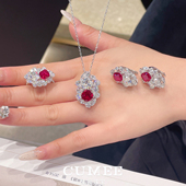 满钻培育合成红宝石套装 新年中国红喜婆婆 拼色设计款 .925新镀金