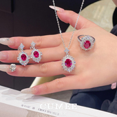 经典 百搭款 鸽血红色培育红宝石女款 CUMEE 戒指吊坠套装 .银镀金