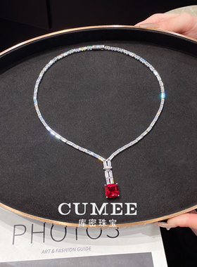 简约T方镶 时尚晚宴项链鸽血红色培育合成红宝石项链.银镀金