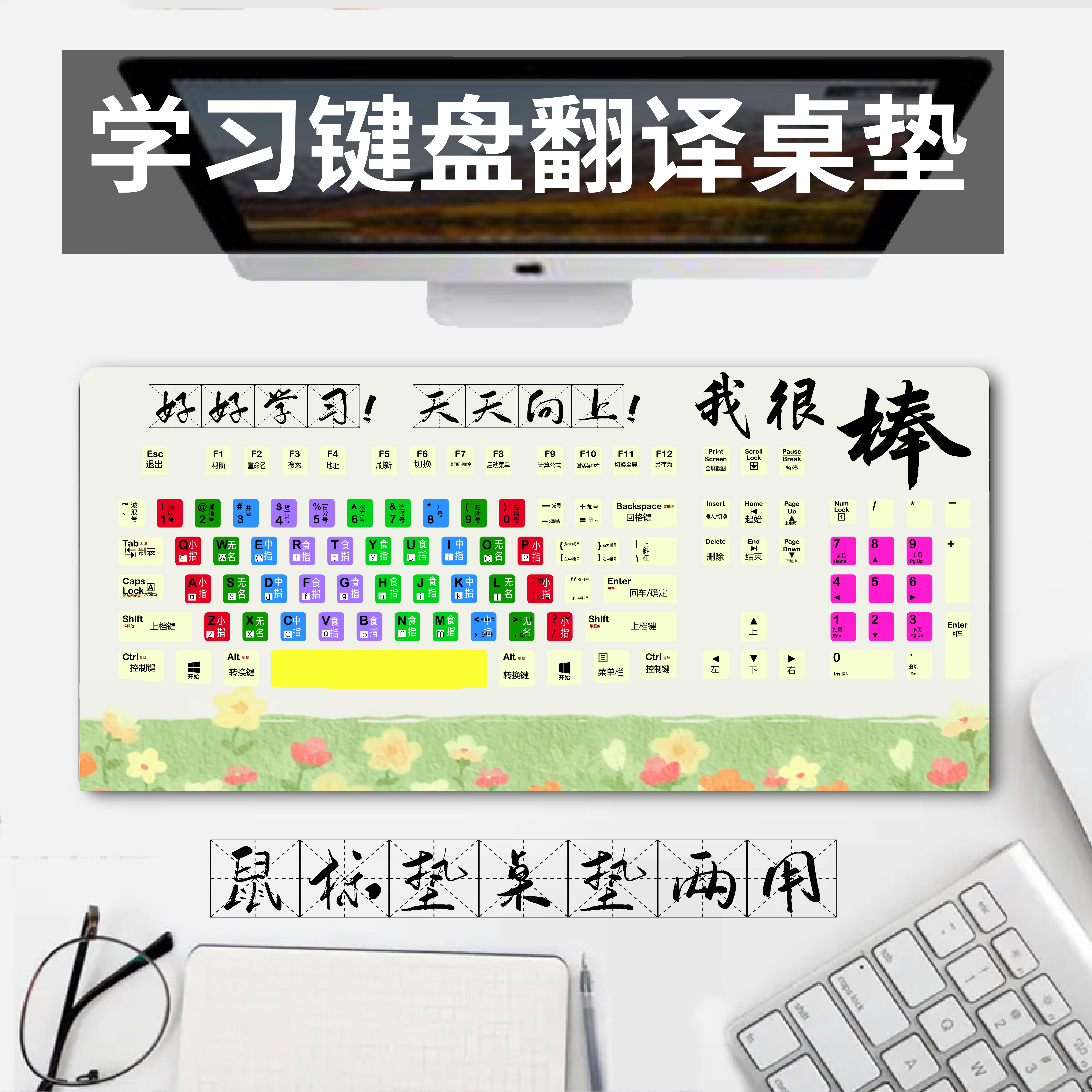 模拟键盘桌垫台式电脑鼠标垫儿童学生初学打字汉语翻译指法练习垫