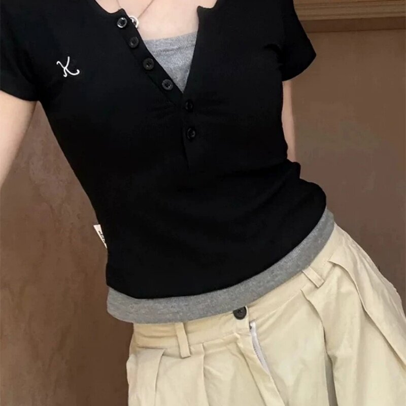V领纯欲假两件修身短袖T恤女