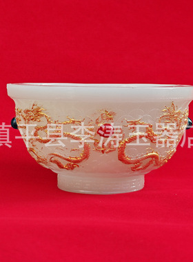 批发夜光鎏金龙碗摆件 树脂仿玉石龙碗家居办公摆件工艺品