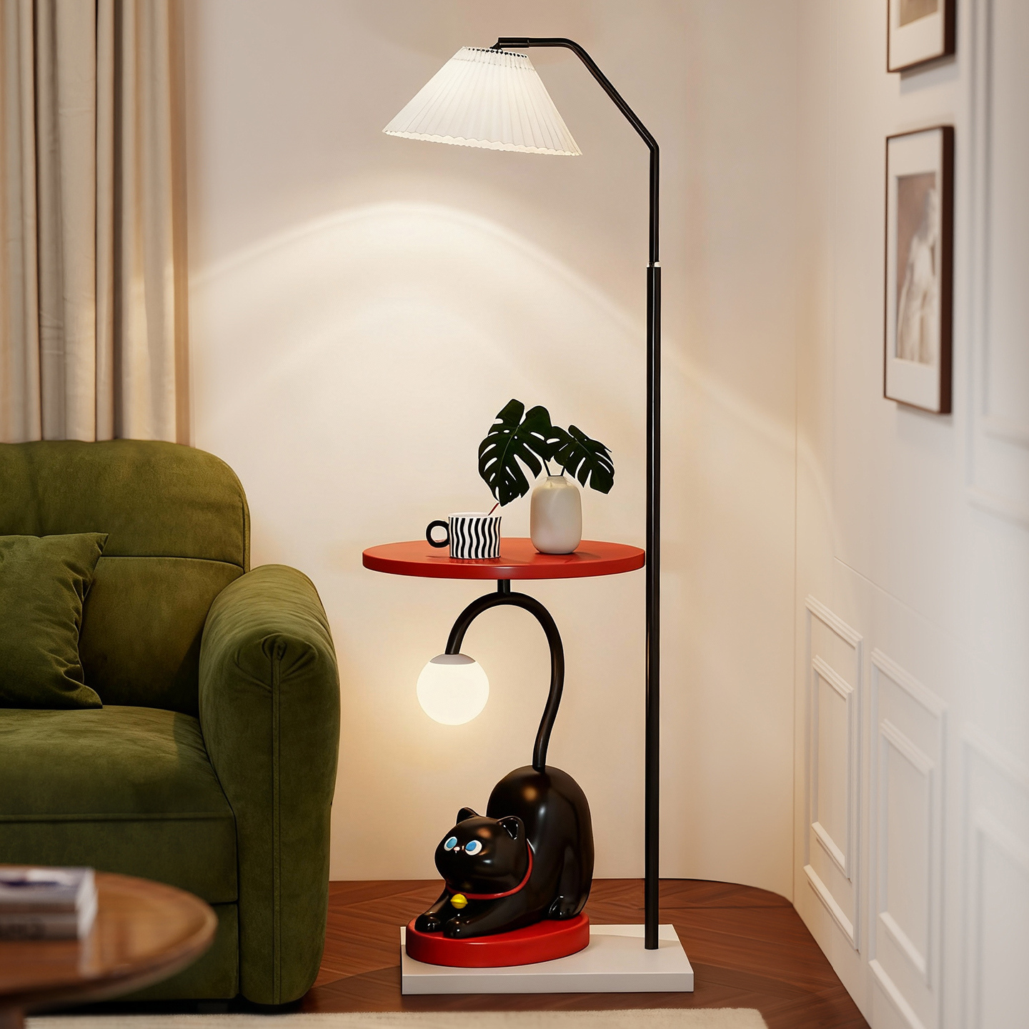 猫咪黑色复古法式卡通客厅沙发旁边几小茶几带灯一体创意置物架桌