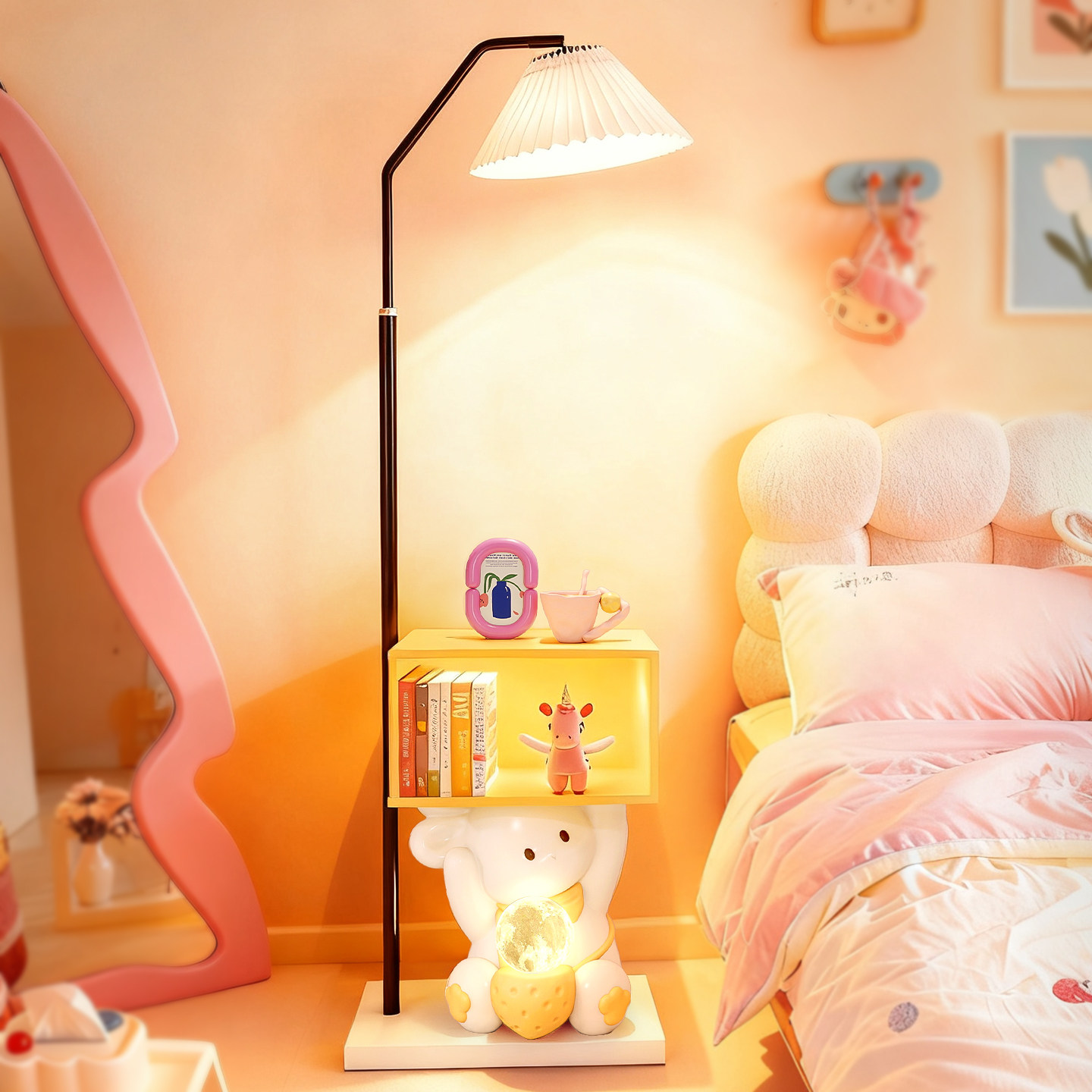 可爱兔子儿童床头柜带灯一体落地灯女孩房卧室小型创意收纳置物架