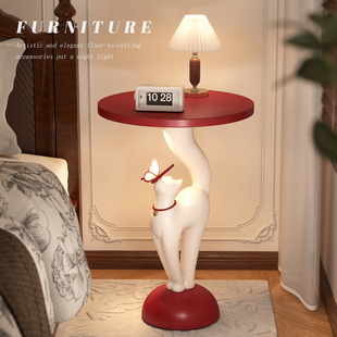 猫咪艺术创意边几客厅沙发旁卡通茶几奶油风法式卧室小型置物架桌