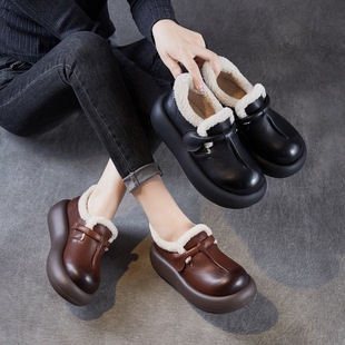 头层牛皮复古加棉单鞋女2025秋冬新款松糕厚底增高圆头羊毛垫鞋子