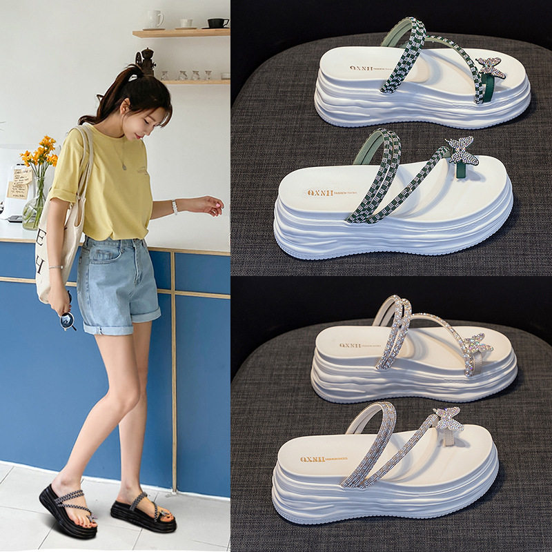 坡跟厚底凉拖女2026夏季新款珍珠水钻凉鞋厚底防水台百搭松糕女鞋