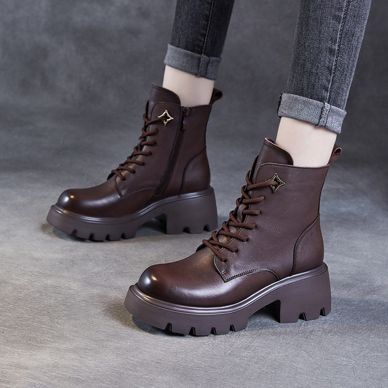 真皮女鞋马丁靴女2025秋冬新款百搭短靴圆头瘦瘦靴系带粗跟皮靴子,女鞋,马丁靴,淘宝优惠券,粉丝福利购,淘宝优惠卷