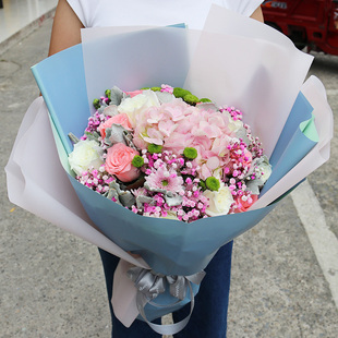 ins风玫瑰绣球混搭花束全国鲜花速递北京上海广州深圳同城送花店