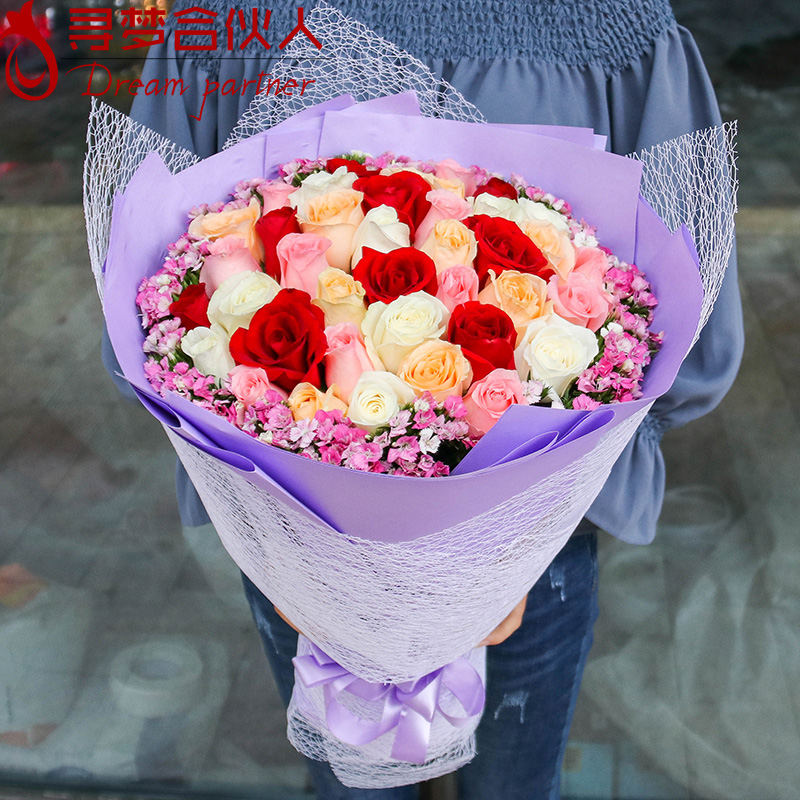 沈阳鲜花速递同城红粉香槟玫瑰花束大连鞍山抚顺本溪营口生日送花