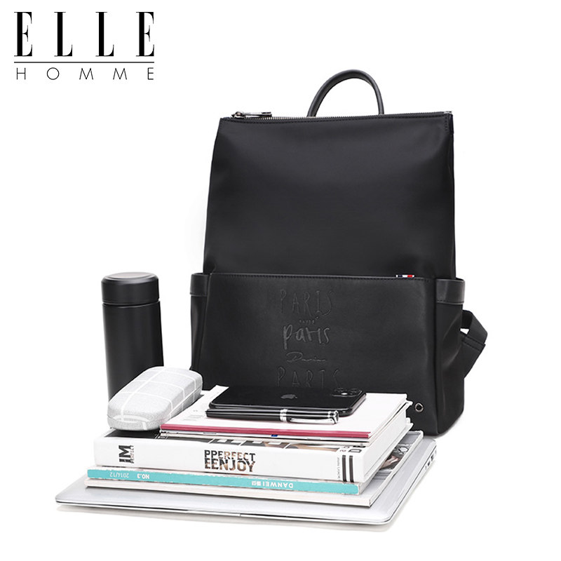 ELLE HOMME 双肩包背包大容量布包防泼水商务电脑包学生书包 黑色