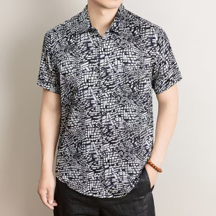 100真丝桑蚕丝花衬衫男海边男款衣服夏薄款男士短袖衬衣男款爸爸