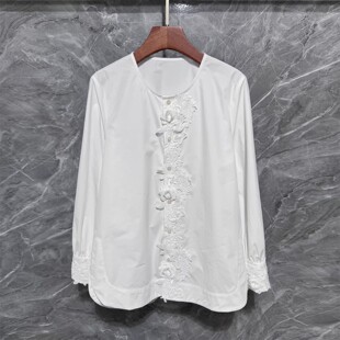 新中式纯棉立体花朵刺绣衬衫女春季国风宽松百搭外穿长袖白色上衣