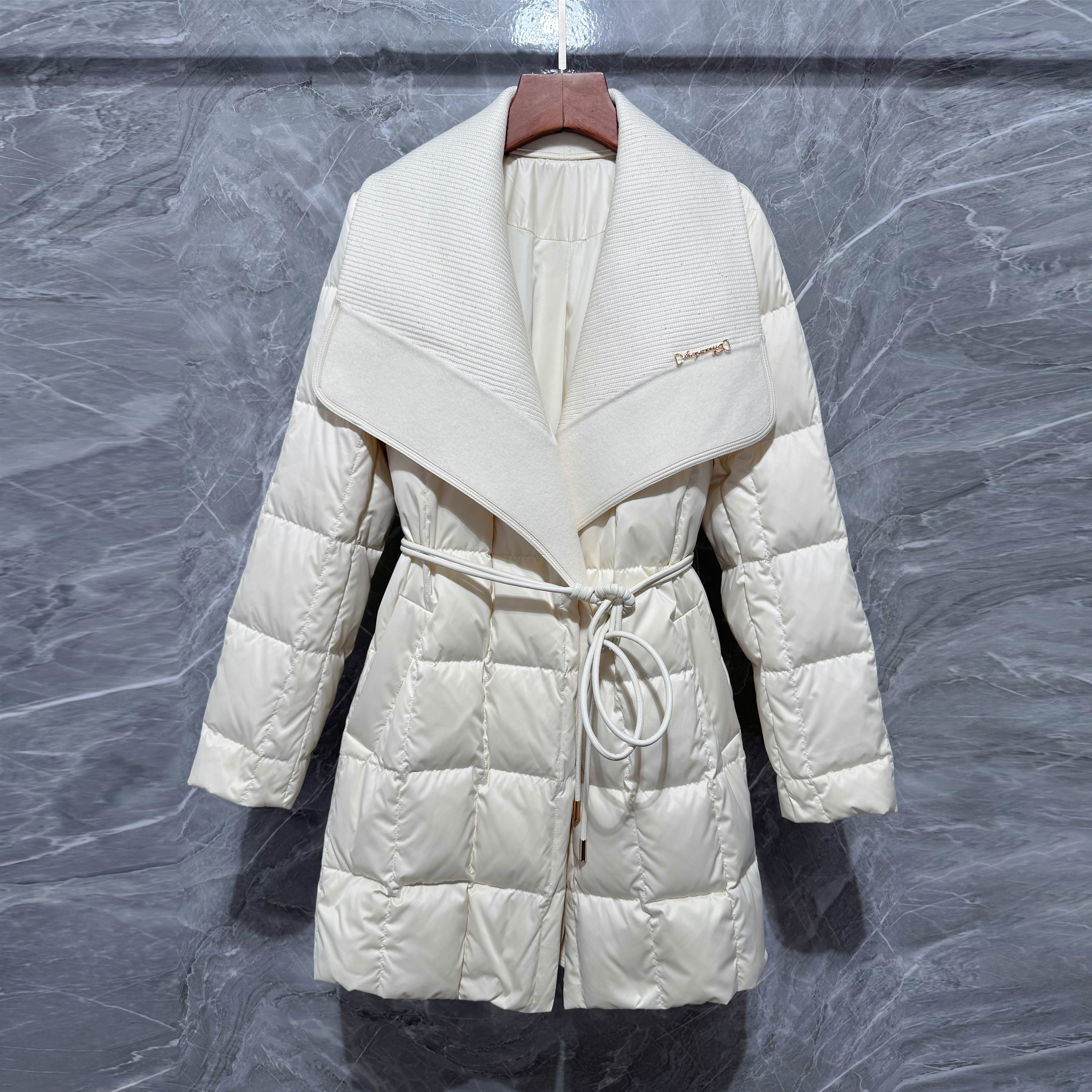 针织大翻领过膝鹅绒羽绒服女冬