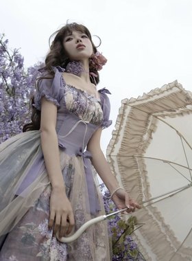 【油画集-盛开的树荫处】青lo原创油画感印花短袖V腰蝴蝶结连衣裙