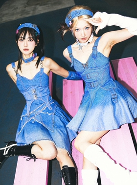 全款【夏日蝴蝶计划】原创y2k辣妹渐变修身牛仔连衣裙套装