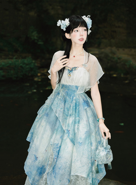 【草叶瓷】全款现货 中华风不规则下摆印花抹胸连衣裙套装新中式