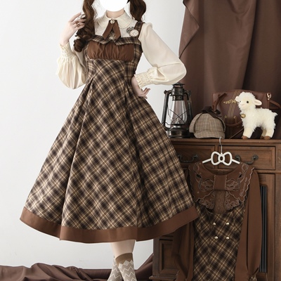 【碎怀表复古系列】翻领JSK预约链接-棕色侦探风大裙摆青LO原创