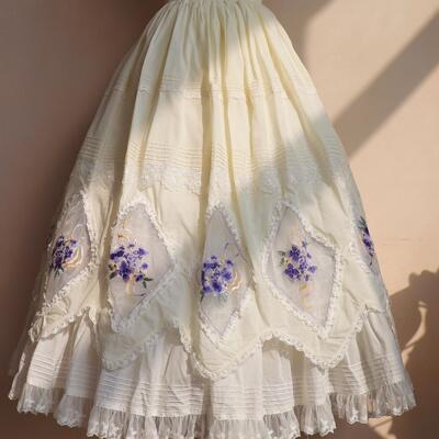 【季夏情诗】刺绣大裙摆纯棉打褶长款半身裙sk 纯色 可当衬裙叠穿