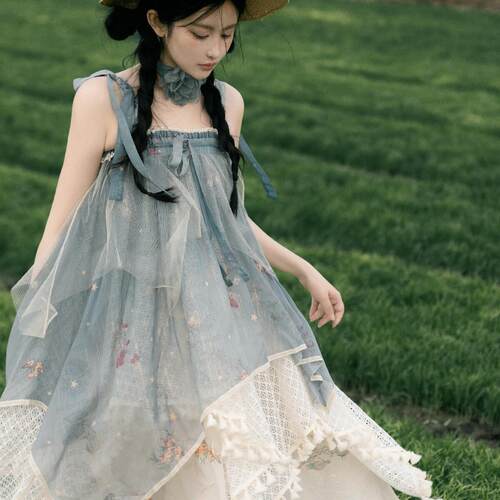 【本草纲目2.0】不规则摆JSK原创印花女士吊带连衣裙田园风流浪风