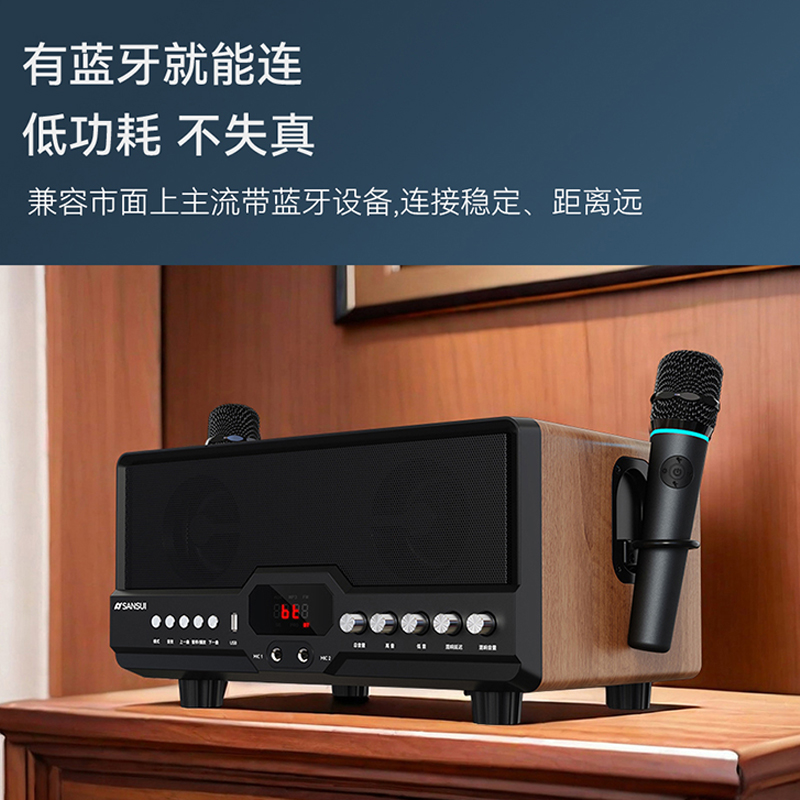 山水S350电视电脑音响家用卡拉OK双无线话筒重低音蓝牙 K歌音箱