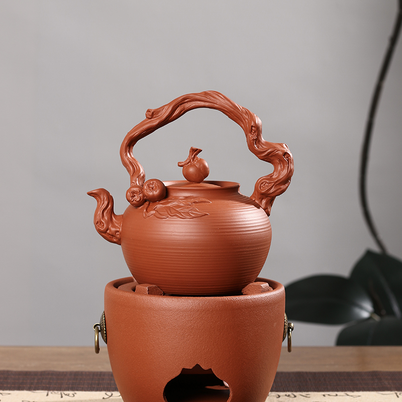 【陶潮文创】潮州砂铫烧水跳盖茶壶柿柿如意提梁砂铫陶壶煮水煮