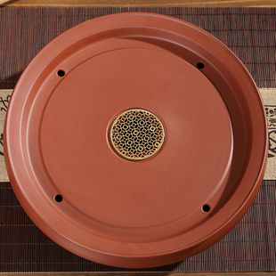 陶潮潮州工夫茶盘储水式铜钱铜片红泥手拉茶盘圆形家用茶具茶台