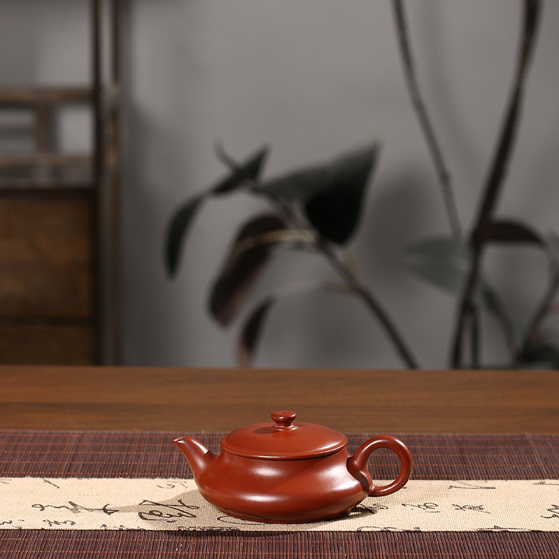 手工朱泥扁明炉壶潮州手拉壶小容量三杯冲茶壶工夫茶泡茶壶紫砂