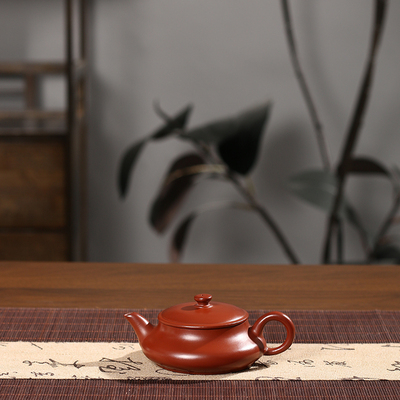 手工朱泥扁明炉壶潮州手拉壶小容量三杯冲茶壶工夫茶泡茶壶紫砂