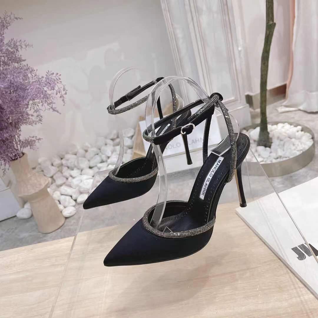 代购Manolo Blahnik/MB女鞋时尚休闲真丝镶钻细跟尖头平底凉鞋女