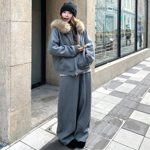 韩版大毛领连帽卫衣套装女2025冬季新款加绒加厚阔腿裤两件套休闲图片