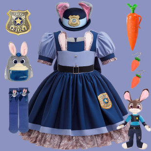 疯狂动物城2朱迪警官假两件公主裙女童兔子泡泡袖 蝴蝶结生日礼服