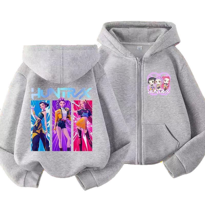 新款Kpop猎魔女团周边韩版印花时尚女童宽松卫衣秋冬休闲拉链帽衫