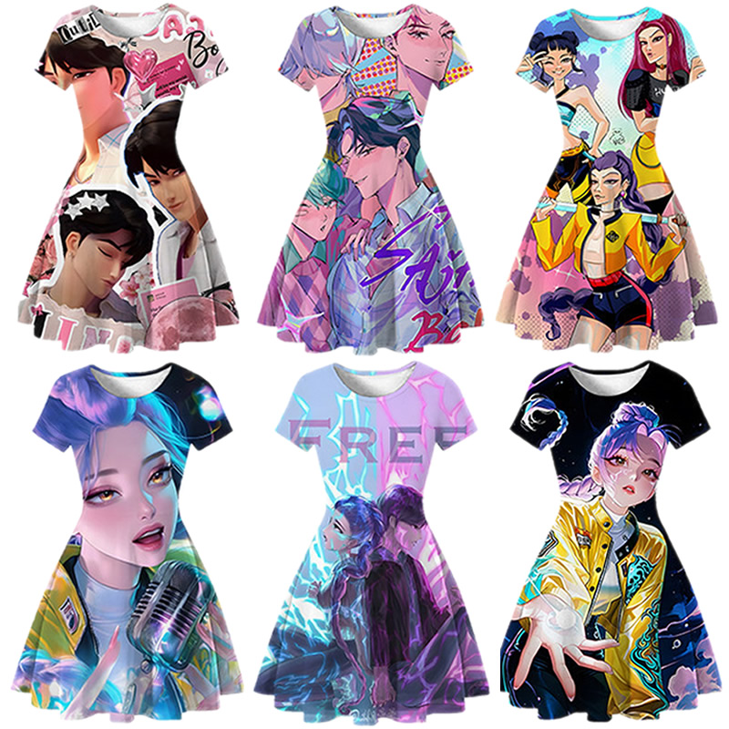 新款K-POP猎魔女团cos睡裙鲁米rumi佐伊zoey米拉儿童印花公主裙