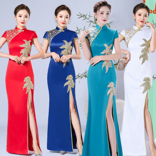 复古旗袍2025年轻新款改良版优雅长款修身鱼尾蓝色演出连衣裙走秀