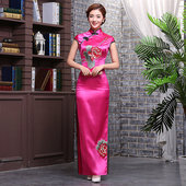 包邮 加长走秀旗袍连衣裙长款 走秀年会表演改良复古优雅刺绣演出服