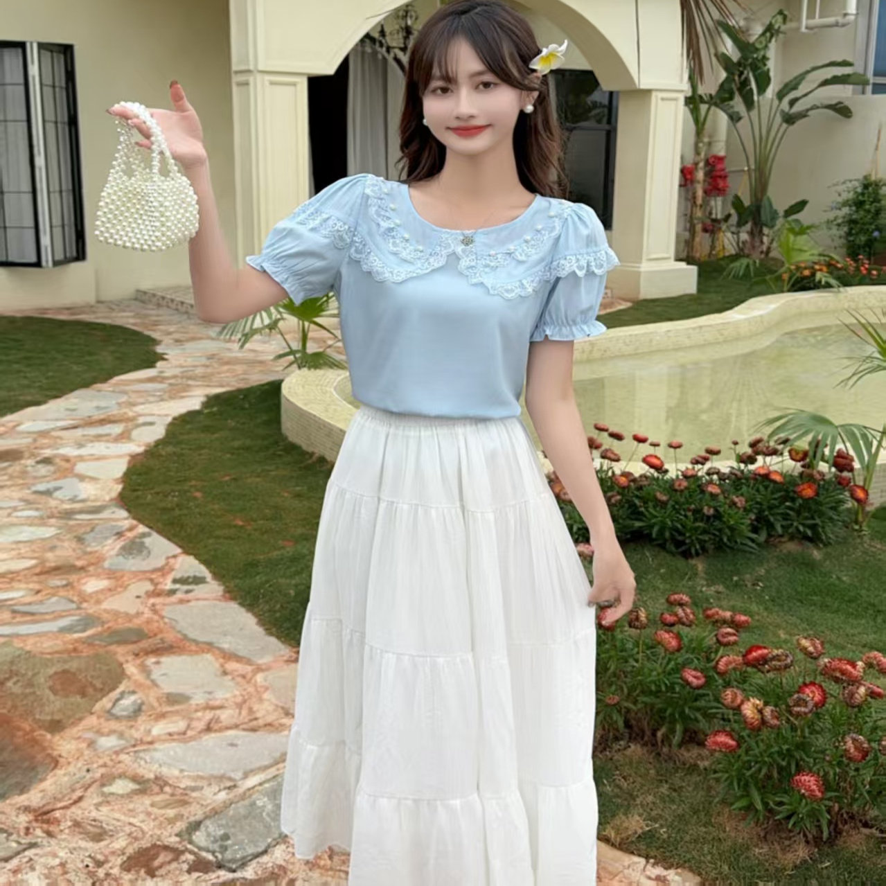 2025夏季新款女装时尚百搭显瘦短袖雪纺衫拼接蕾丝柔软舒适上衣潮