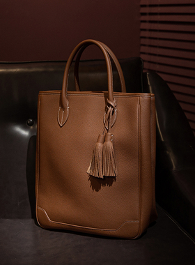 FENG皮匠 手提包手工头层牛皮流苏tote包男士绅士真皮休闲托特包