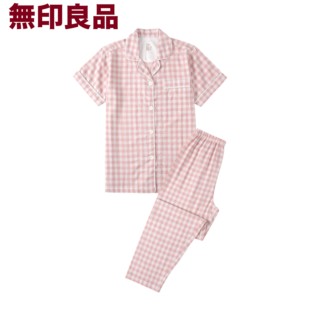 无印良品日式女士双层纱夏季短袖睡衣格子纯棉家居服情侣套装薄款