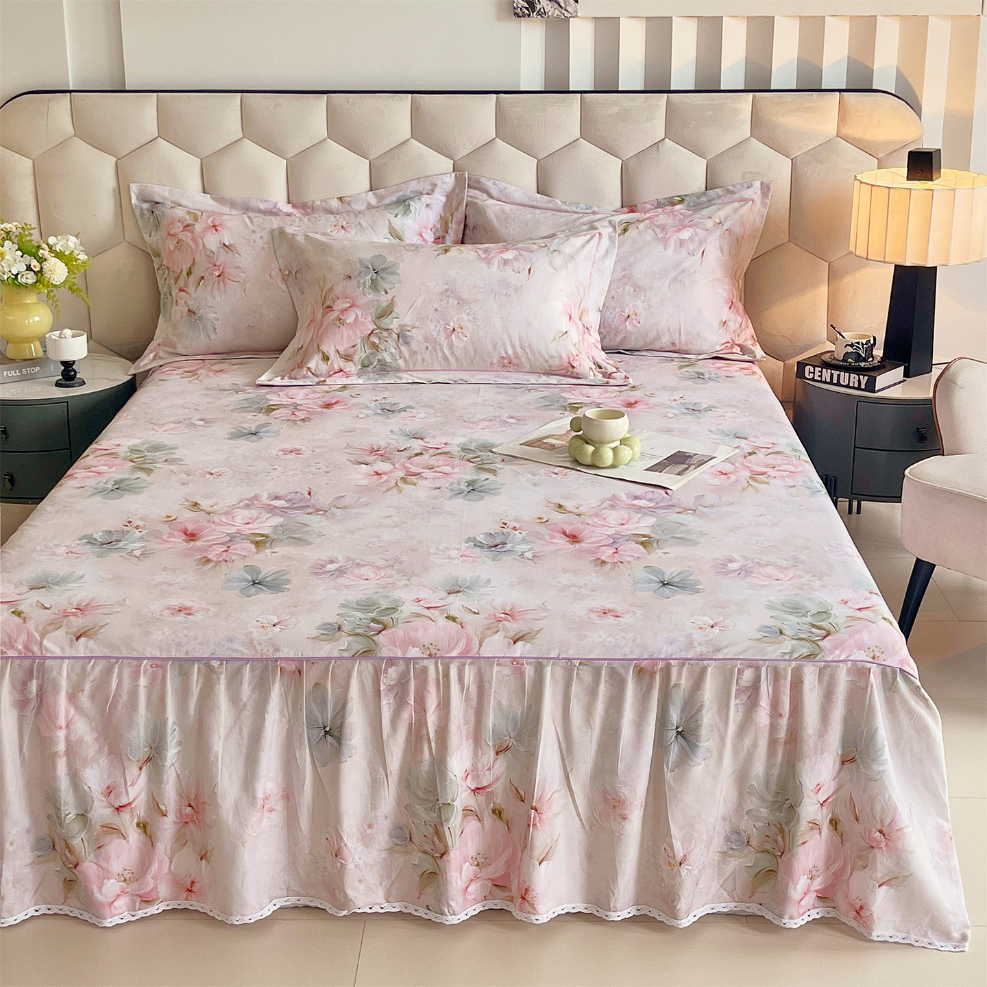 韩版全棉磨毛床裙秋冬花边纯棉被单三件套防滑床罩加厚床单1.51.8