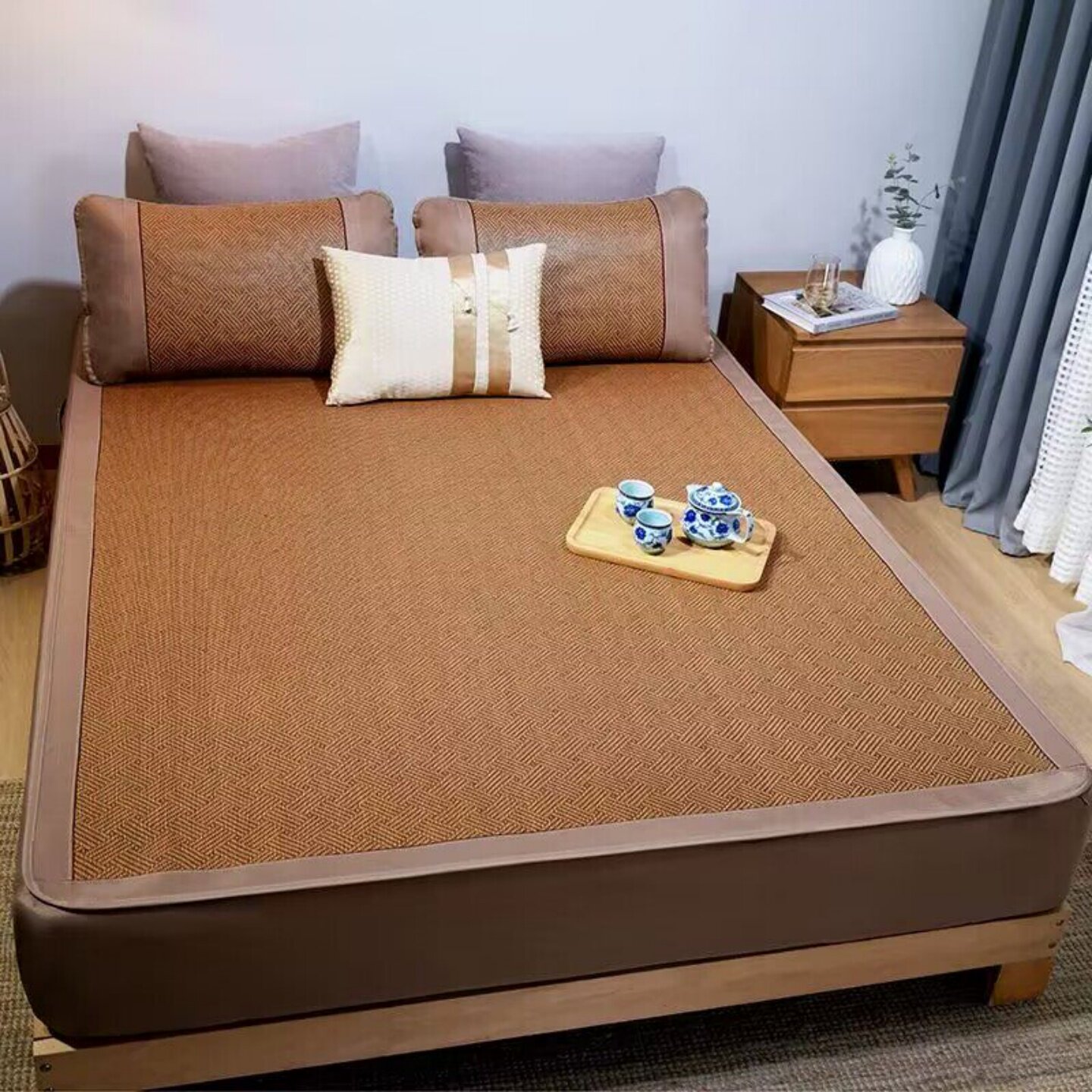 定做冰丝古藤席三套件120x190x130x140订制空调席床笠夏凉席床套 - 实物图