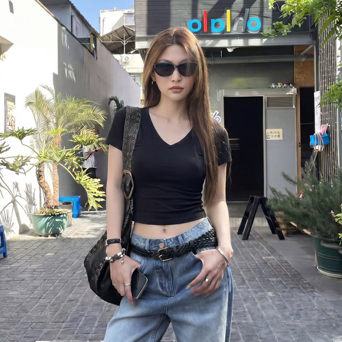 纯棉V领短款短袖t恤女夏季