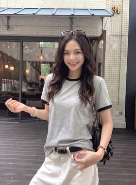 螺纹拼色圆领短袖t恤女夏独特漂亮减龄修身显瘦正肩小众灰色上衣