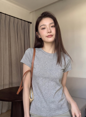 螺纹灰色圆领正肩短袖t恤女夏2026新款修身显瘦内搭打底半袖上衣