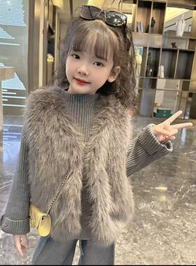 秋冬新款儿童马甲女童仿狐狸毛加厚保暖背心坎肩中大童毛毛外套