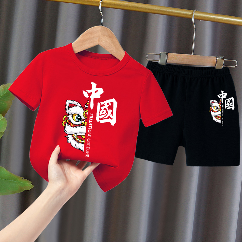 童装儿童中小童短袖T恤中国风男女童宽松运动套装夏季薄款演出服8