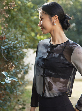 水沐伊朵2025中式网纱印染瑜伽服T恤女罩衫宽松运动健身上衣50063