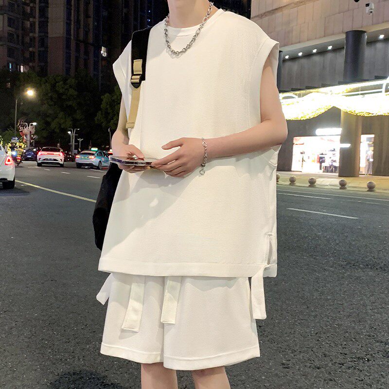 冰丝坎肩背心男穿搭一整套无袖t恤高级感衣服休闲运动套装男夏季
