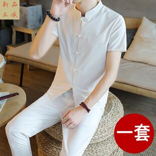 中国风男装夏季中山装套装立领短袖T恤男士潮流冰丝唐装汉服一套