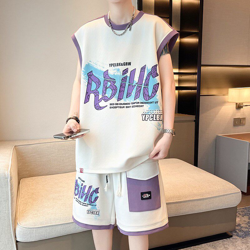 夏季冰丝t恤男青少年初中高中学生帅气大童背心短裤休闲运动套装